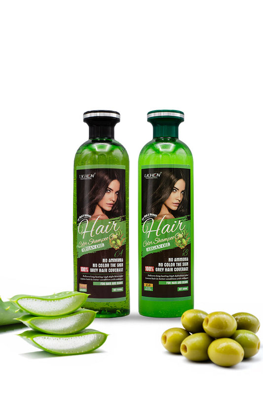 Lichen Professional Hair Color Shampoo Gel Dark Brown 2.0 Argan Oil 500ml pack for hair and beard
Two green bottles of hair care product with aloe vera leaves and olives on a white background