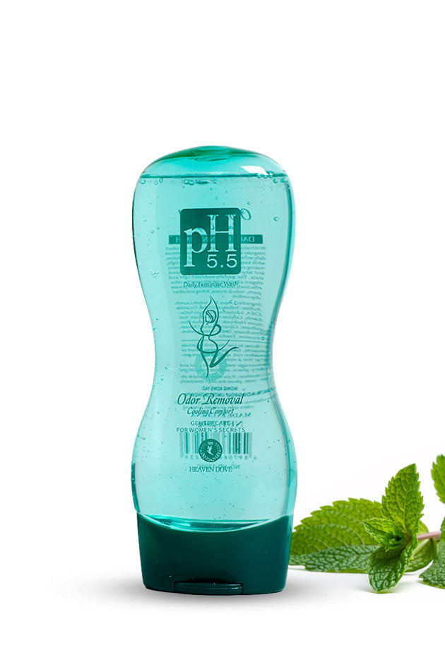 Heaven Dove pH 5.5 Daily Feminine Wash 250g Odor Removal Cooling Comfort intimate wash bottle,
A translucent aqua blue bottle of PH55 Hair Kératin Mask Treatment with a dark teal cap, shown on a white background with fresh mint leaves on the right.