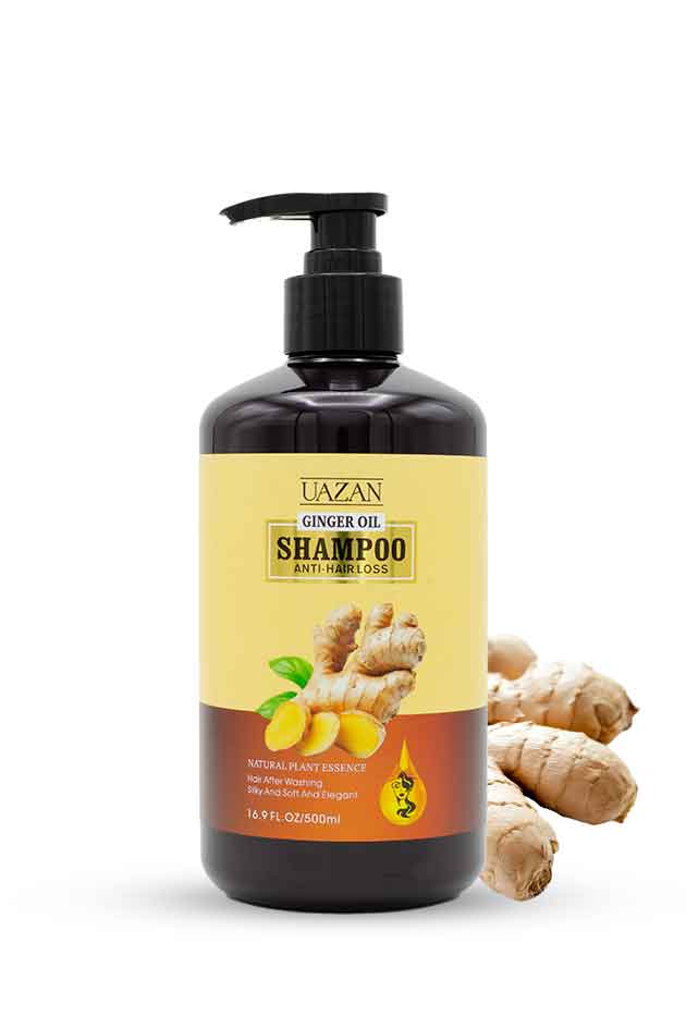UAZAN Ginger Oil Anti-Hair Loss Shampoo 500 ml – Natural Hair Growth & Strengthening Formula with Plant Essence. Lazan ginger oil shampoo bottle with pump on a white background