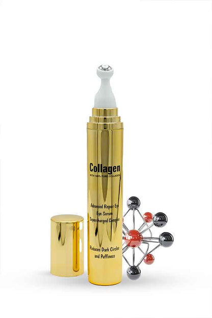 Wokali Collagen Eye Serum 20ml with roller, white background, molecule prop Gold collagen serum bottle with white cap on a white background