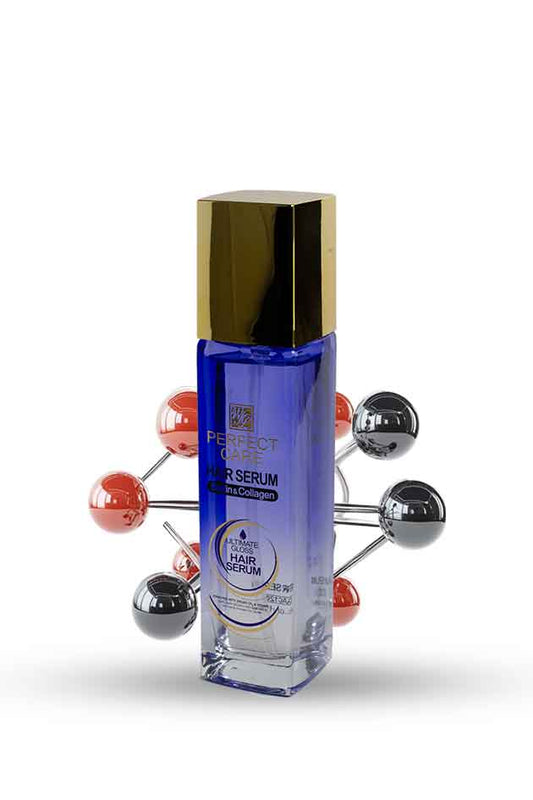 Perfect Care Hair Serum with Keratin & Collagen – Smooth, Strong & Frizz-Free Hair. Blue serum bottle with gold cap on a white background