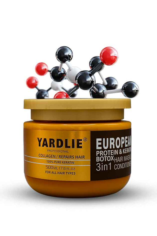 Yardlie European Protein Keratin Botox Hair Mask 3 in 1 Conditioner 500ml, Yardlie hair mask jar with molecular model on a white background