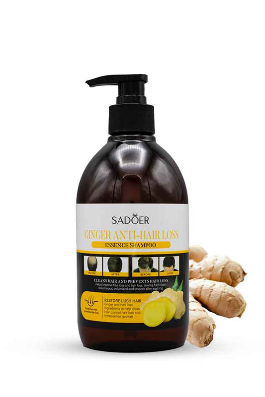 Sadoer Ginger Anti-Hair Loss Shampoo 500 ml – Strengthening & Hair Growth Essence Formula. Shampoo bottle with ginger root on a white background
