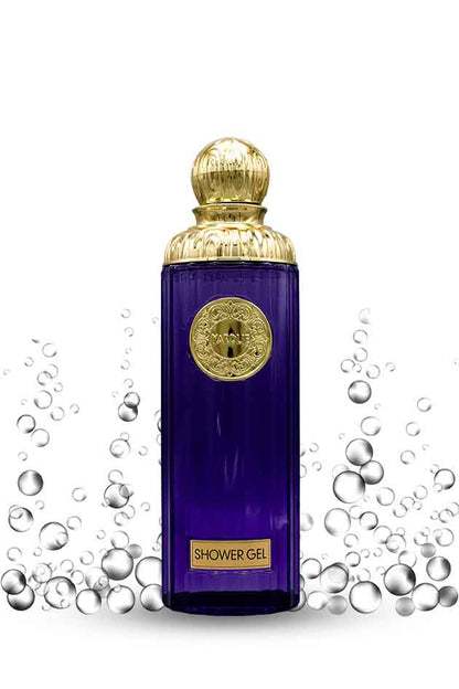 Yardlie Brilliant Fragrance Shower Gel 600ml Body Wash, Purple shower gel bottle with gold cap and label on a white background with bubbles.