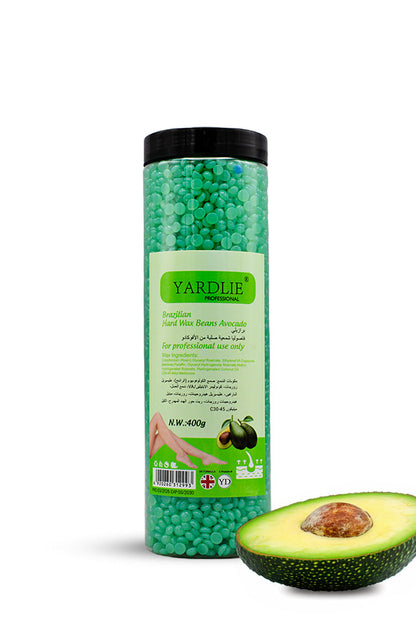 Yardlie Brazilian Hard Wax Beans Avocado 400g no strip hair removal wax,
Green jar of avocado beads with a half-cut avocado on a white background