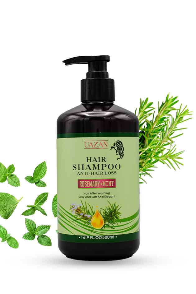 UAZAN Rosemary and Mint Anti-Hair Loss Shampoo 500ml bottle with mint leaves and rosemary sprigs. Hair shampoo bottle with green leaves on a white background