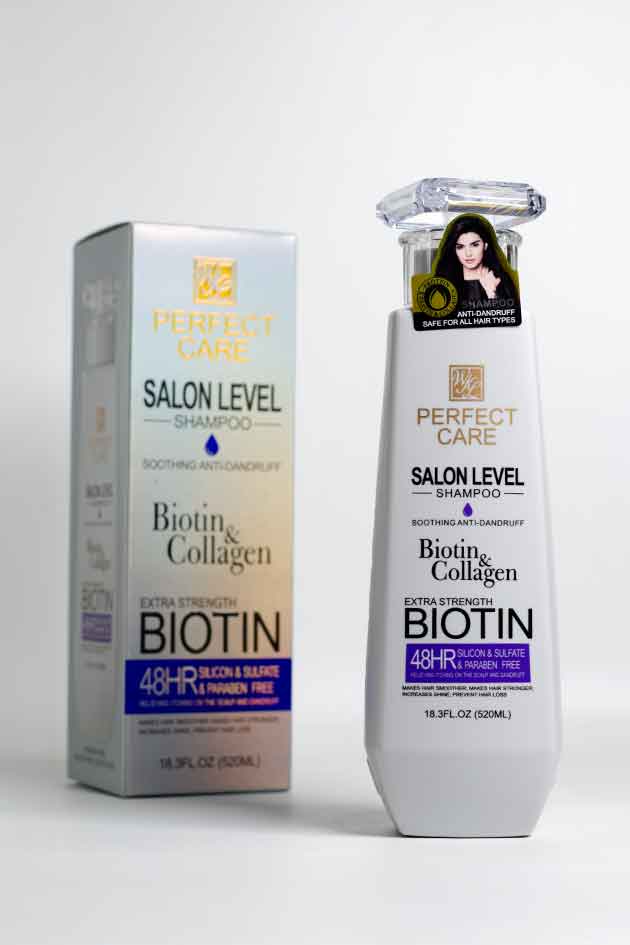 Perfect Care Salon Level Shampoo with Biotin & Collagen 520ml Bottle. Biotin and Collagen shampoo bottle with packaging on a white background