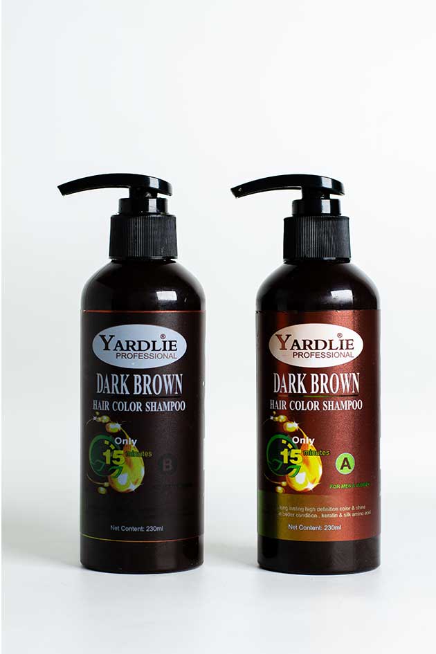 Yardlie Professional Dark Brown Hair Color Shampoo 460ml stock clearance bottle without box with minor leakage discount offer in Pakistan, Two bottles of Yardlie Dark Brown hair color shampoo on a white background