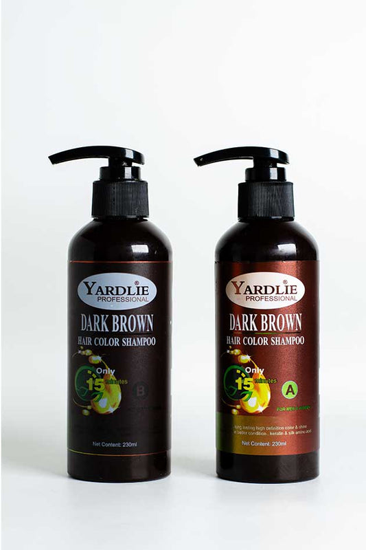 Yardlie Professional Dark Brown Hair Color Shampoo 460ml stock clearance bottle without box with minor leakage discount offer in Pakistan, Two bottles of Yardlie Dark Brown hair color shampoo on a white background