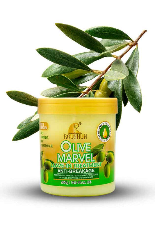 Yardlie store Roushun Olive Marvel Leave In Hair Treatment Anti Breakage 500g olive extract hair cream, Jar of Roastun Olive Marvel Leave In Treatment with olive branch on a white background