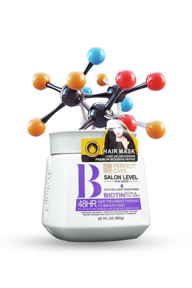 Hair mask container with molecular model on a white background