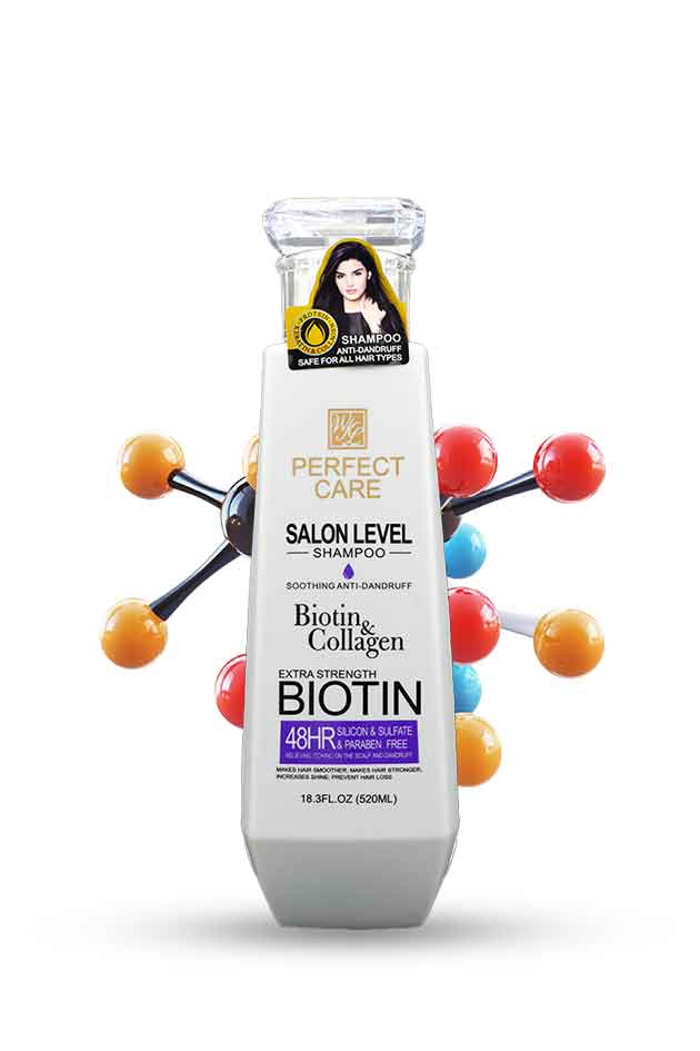 Perfect Care Salon Level Shampoo with Biotin & Collagen 520ml Bottle. Biotin and Collagen shampoo bottle with packaging on a white background. Shampoo bottle with biotin and collagen elements on a white background