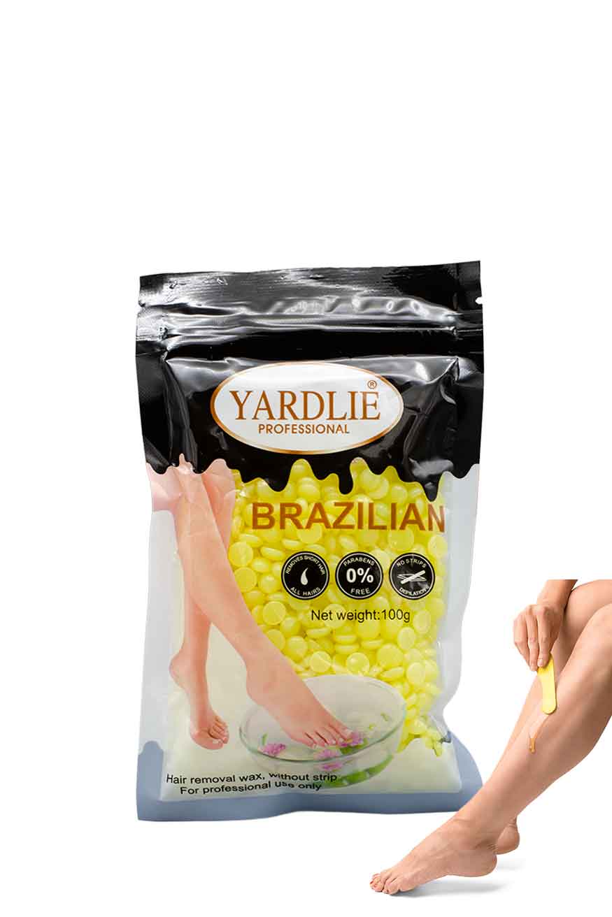 Brazilian hair removal wax application on legs professional use, Yardlie Brazilian hair removal product packaging with legs shown on a white background