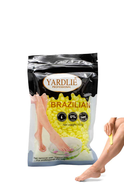 Brazilian hair removal wax application on legs professional use, Yardlie Brazilian hair removal product packaging with legs shown on a white background