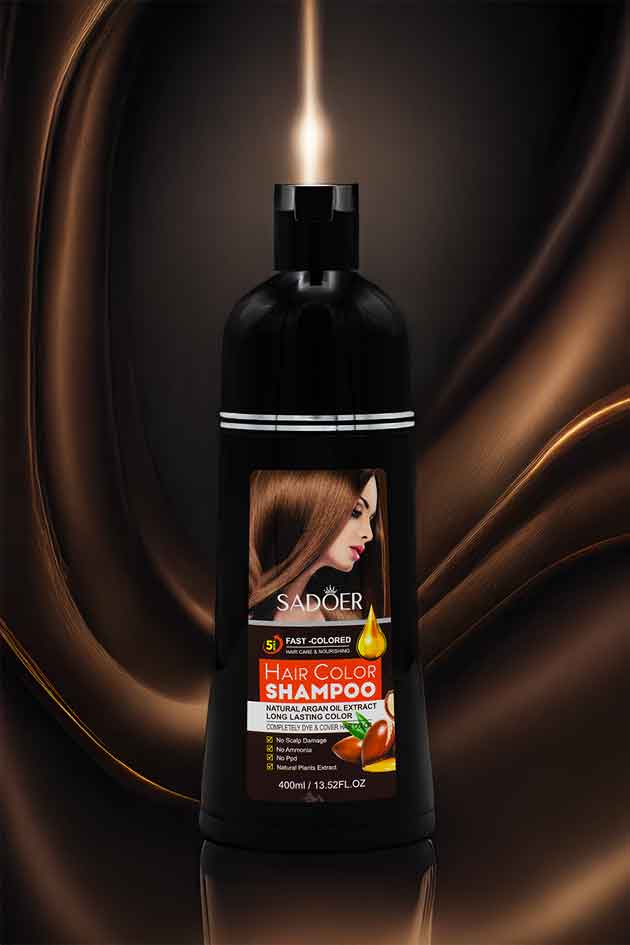 Sadoer hair color shampoo bottle with brown hair on label against a dark background