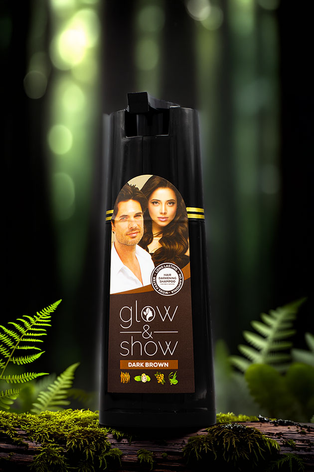 Glow and Show Dark Brown Hair Darkening Shampoo 180ml for men and women, Shampoo bottle with a label featuring a man and woman in a forest setting