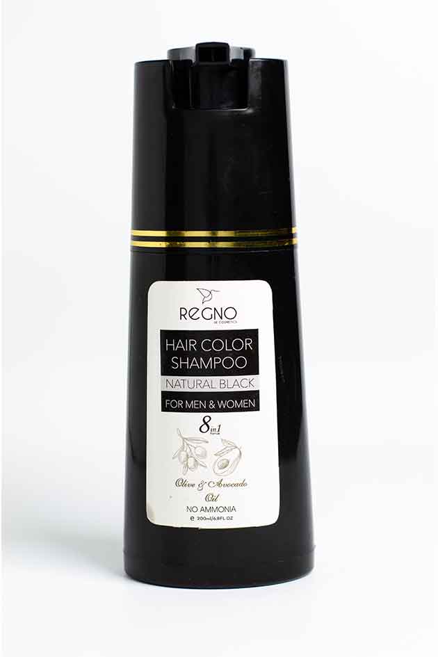 Regno Natural Black Hair Color Shampoo bottle – stock clearance, 10% leaked, no box. Black hair color shampoo bottle with gold accent on a white background