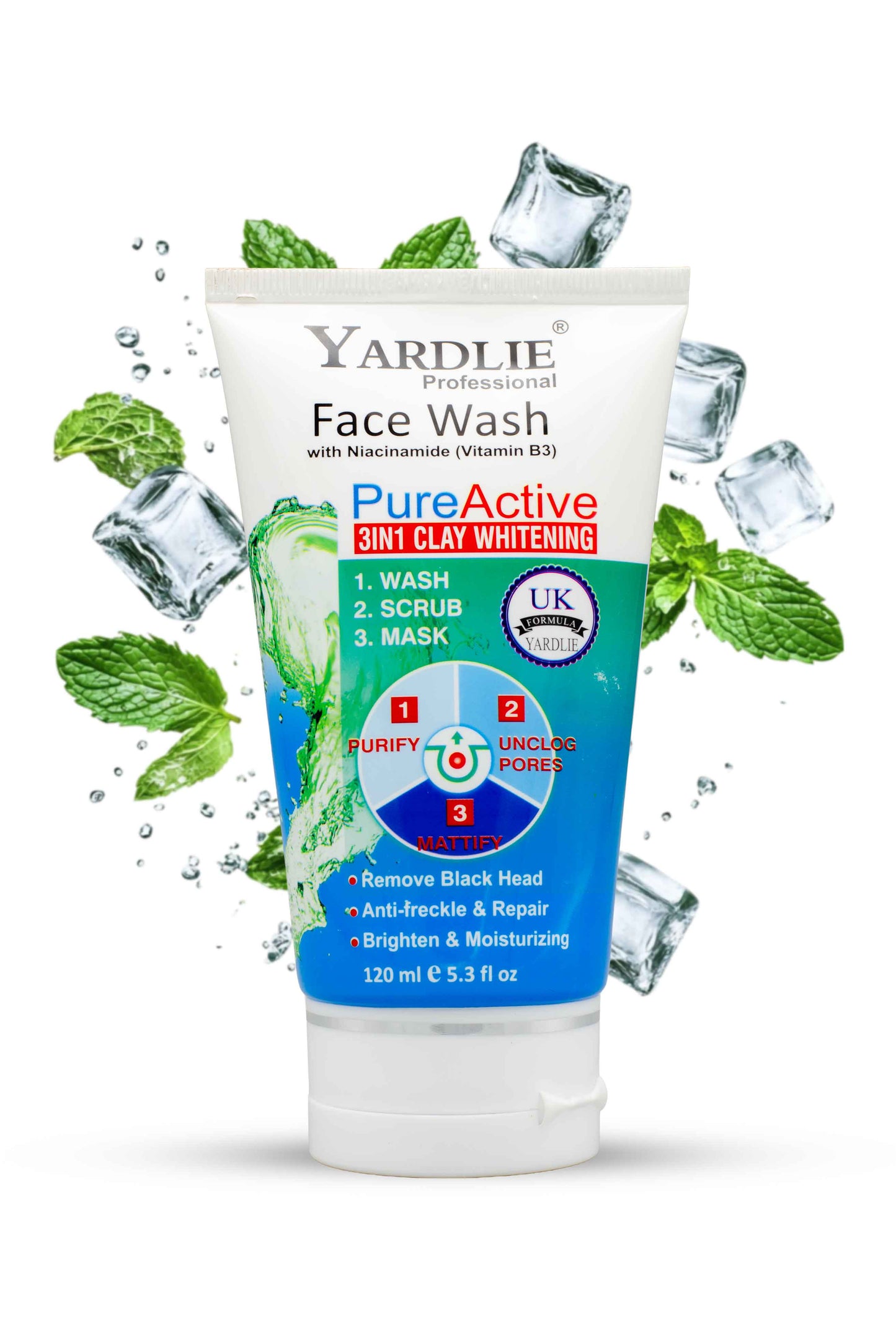 Yardlie Face Wash tube with mint leaves and ice cubes on a white background
