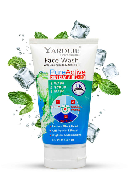 Yardlie Face Wash tube with mint leaves and ice cubes on a white background