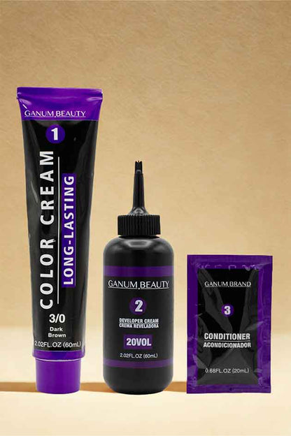 Dark Brown 3/0 hair color cream with soft golden glow and salon-style backdrop. Ganum Beauty hair color products including a tube, bottle, and packet on a beige background