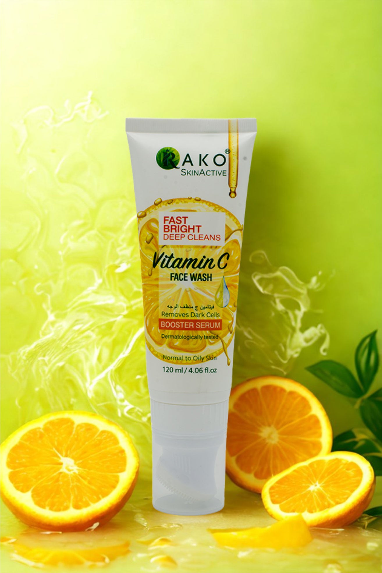 RAKO Vitamin C face wash tube with oranges on a green background