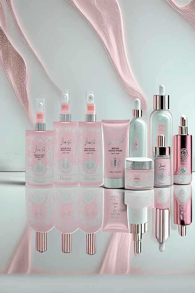 Disaar 6-in-1 skincare and body care combo set – fragrance shampoo, body wash, lotion, and repair facial products. Cosmetic products with pink and white packaging on a reflective surface