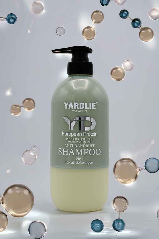 Before and After comparison showing frizz control and glossy smooth hair after using Yardlie Smoothing Shampoo. Yardlie shampoo bottle on a light gray background with decorative elements