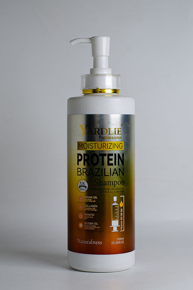 Yardlie Protein Brazilian Shampoo 750ml argan oil collagen keratin stock clearance sale Pakistan
Shampoo bottle with pump labeled 'Protein Brazilian Shampoo' on a gray background
