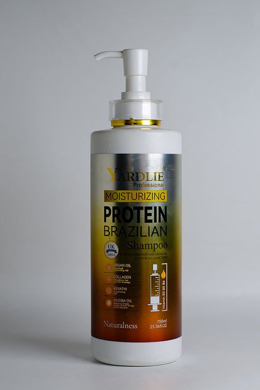 Yardlie Protein Brazilian Shampoo 750ml argan oil collagen keratin stock clearance sale Pakistan
Shampoo bottle with pump labeled 'Protein Brazilian Shampoo' on a gray background