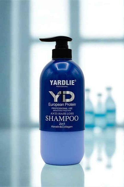 Yardlie European Protein Capsule Anti-Hair Loss Shampoo on black-gold luxury backdrop, emphasizing thicker, fuller, stronger hair results.. Yardlie shampoo bottle on a reflective surface with blurred background