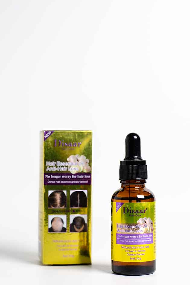 Disaar Hair Essential Oil Anti-Hair Loss – Natural Hair Growth Serum (Gold Edition). Bhsaa hair loss treatment bottle and packaging on a white background