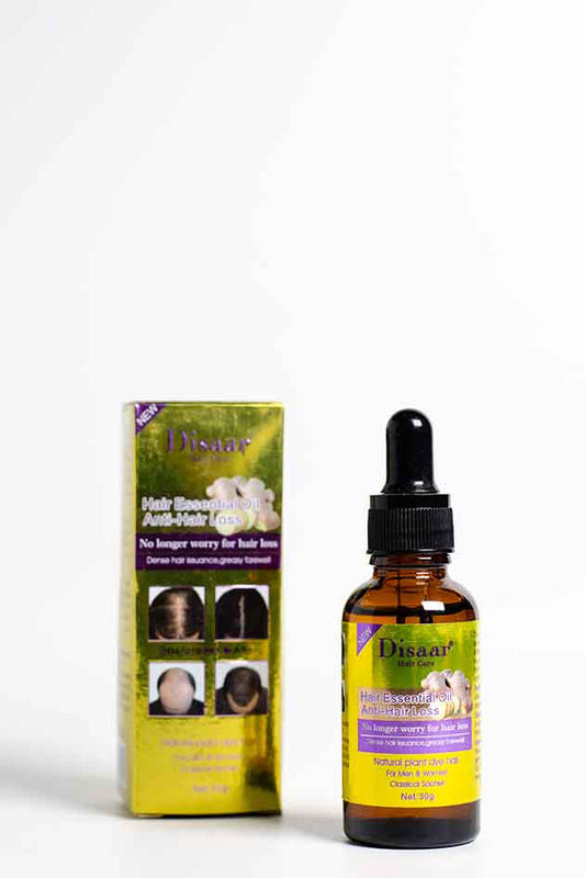 Disaar Hair Essential Oil Anti-Hair Loss – Natural Hair Growth Serum (Gold Edition). Bhsaa hair loss treatment bottle and packaging on a white background