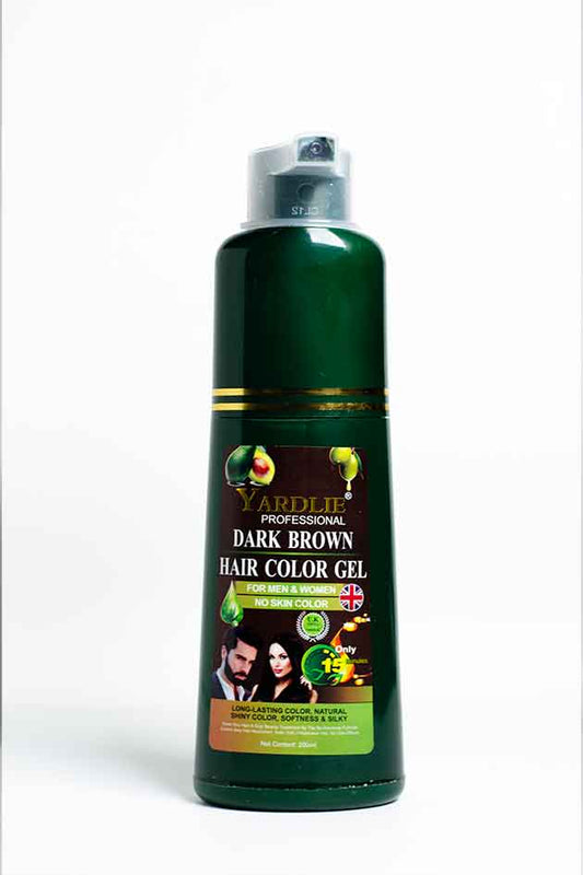 Yardlie Professional Dark Brown Hair Color Gel clearance piece no box 20 percent leaked, Hair color gel bottle with green label on a white background