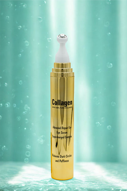 Under eye collagen serum, aqua background with bubbles and center light Gold collagen eye serum bottle on a teal background