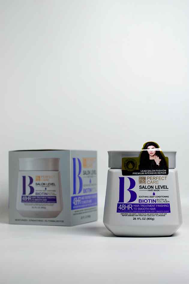 Perfect Care Biotin Hair Mask Jar 800g. Two containers of Perfect 48-Hour Salon Level Biotin Hair Treatment on a white background