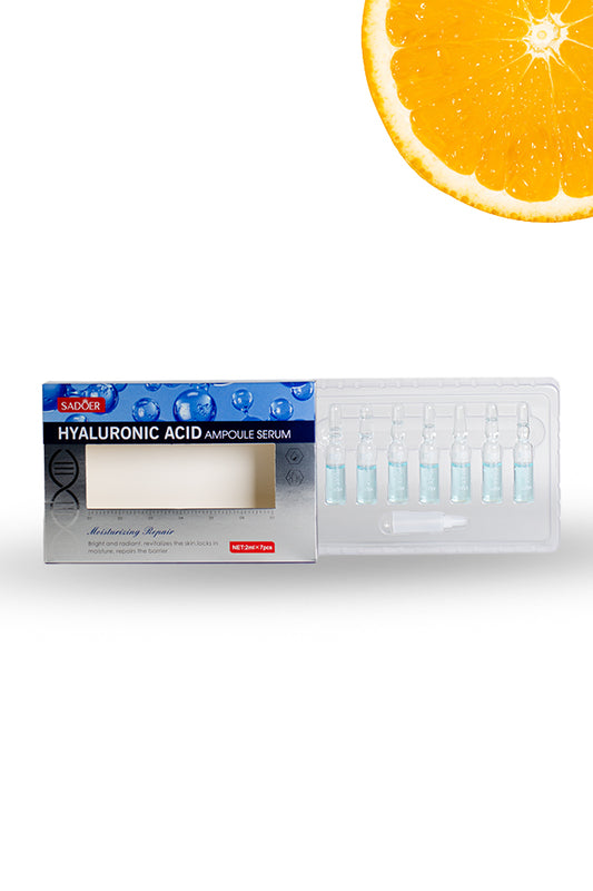SADOER Hyaluronic Acid ampoule serum 7 day hydration kit with blue packaging and glass ampoules on white background, Hyaluronic acid ampoule serum packaging with a sliced orange on a white background