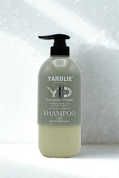 How to use steps—apply, massage, rinse Yardlie Keratin & Collagen Smoothing Anti-Frizz Shampoo. Yardlie shampoo bottle with pump on a light background