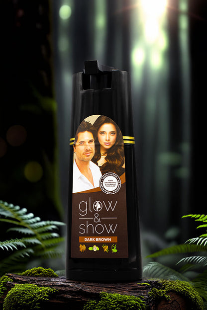 Glow and Show Dark Brown Hair Darkening Shampoo 180ml for men and women, Shampoo bottle with a man and woman's face on the label against a forest background