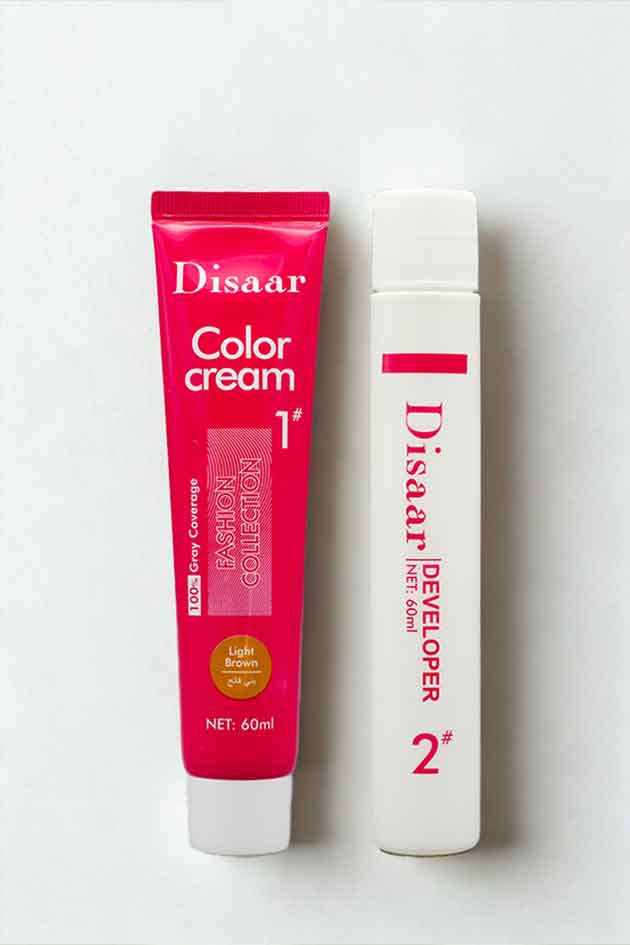 Before and after using Disaar Light Brown Hair Color Cream showing soft, natural brown tone. Disaar hair color cream and developer on a white background