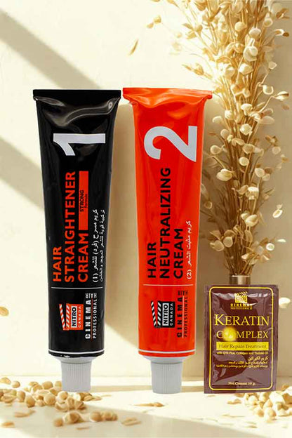 Professional hair straightener and neutralizing cream set with keratin treatment and olive oil extract