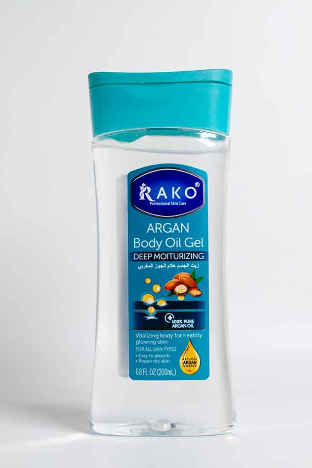 Rako Professional Jojoba Body Oil Gel – Deep Moisturizing Formula for Glowing Skin. Rako Argan Body Oil Gel bottle on a white background