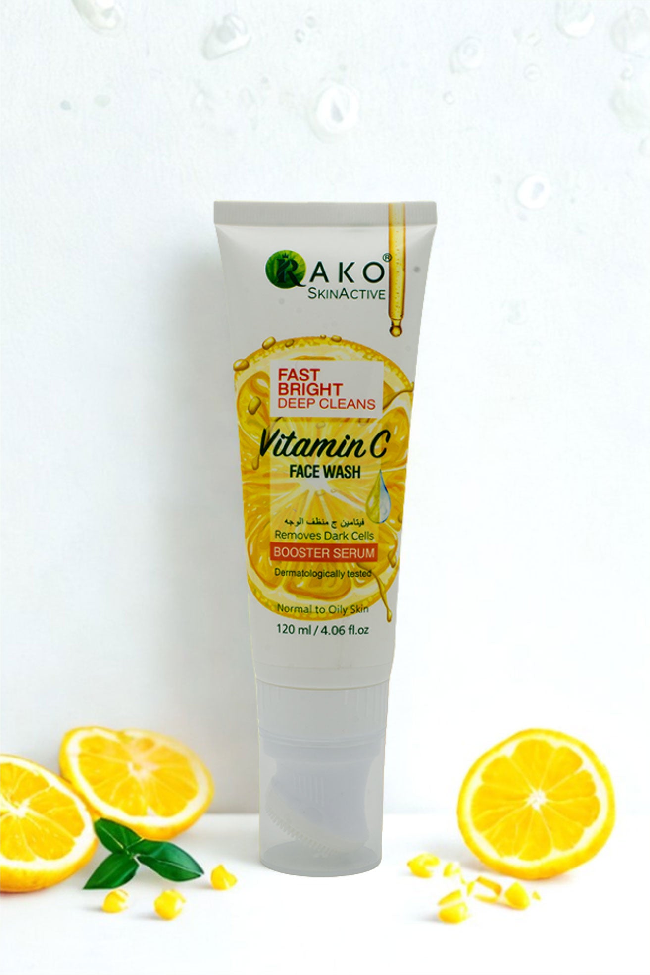 RAKO Vitamin C Face Wash with lemon slices and leaves on a white background