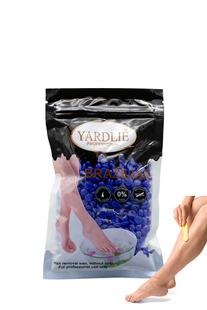 Professional hard wax for sensitive area hair removal, Yardley Brazilian hair removal wax package with a person using the product.
