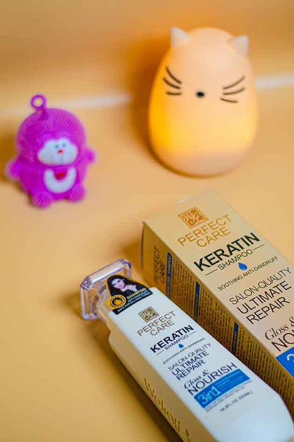 Before and after results using Yardlie Keratin Shampoo – shiny, frizz-free healthy hair. Perfect Care Keratin hair care products on a yellow background with a small plush toy and lamp.