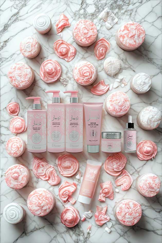 Disaar 6-in-1 skincare and body care combo set – fragrance shampoo, body wash, lotion, and repair facial products. Collection of pink skincare products and floral decorations on a marble surface