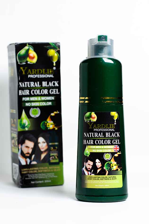 Yardlie Professional Natural Black Hair Color Gel clearance piece with rough box and 20 percent product leaked, Yardley Professional Natural Black Hair Color Gel packaging and bottle on a white background