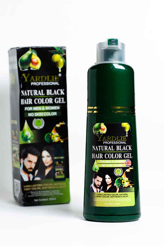 Yardlie Professional Natural Black Hair Color Gel clearance piece with rough box and 20 percent product leaked, Yardley Professional Natural Black Hair Color Gel packaging and bottle on a white background