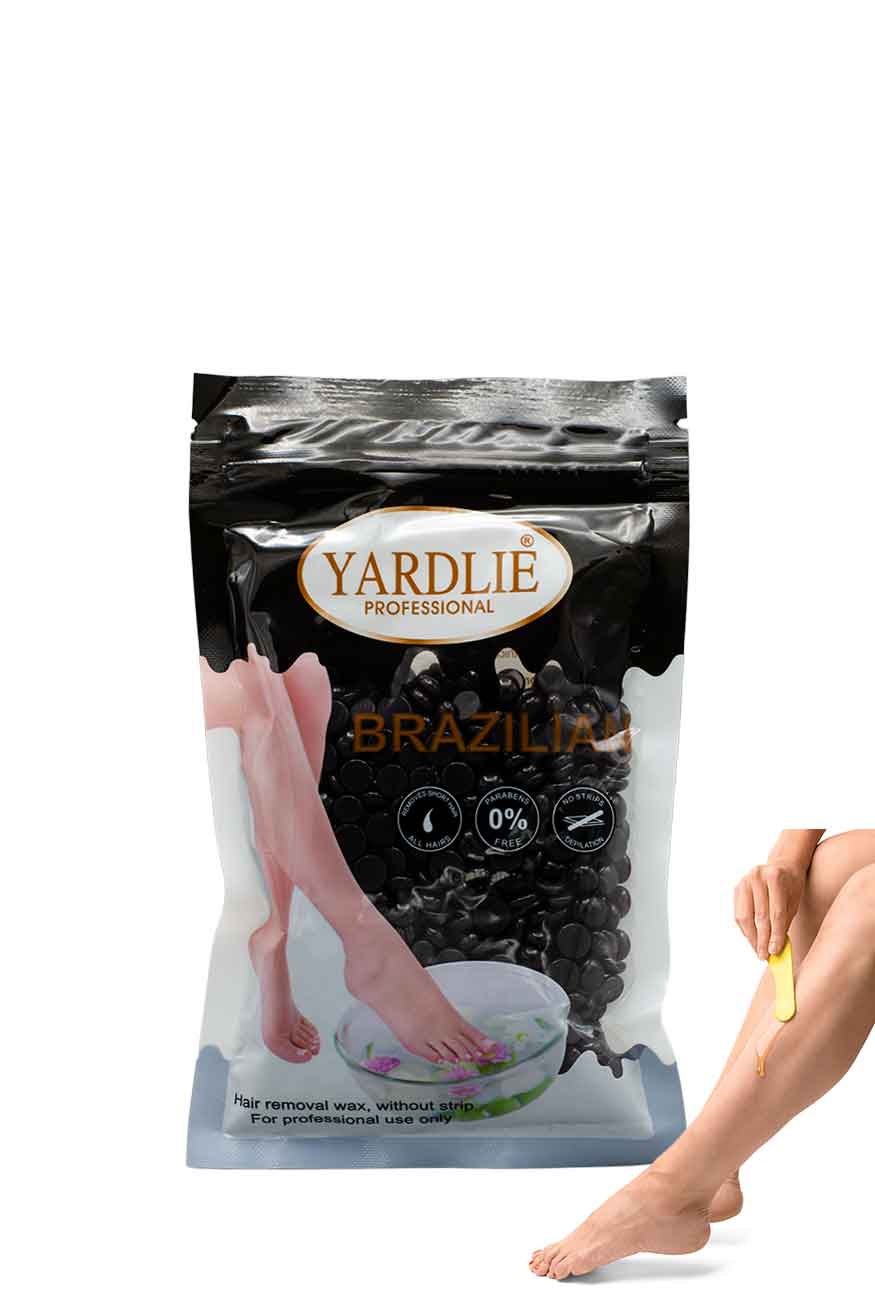Yardlie Professional Brazilian wax beads texture close up,Yardlie Brazilian wax package with a person using wax on their leg.