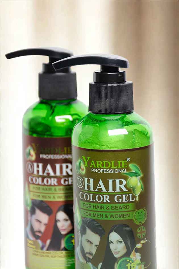 Two bottles of Yardlie Professional Hair Color Gel on a beige background