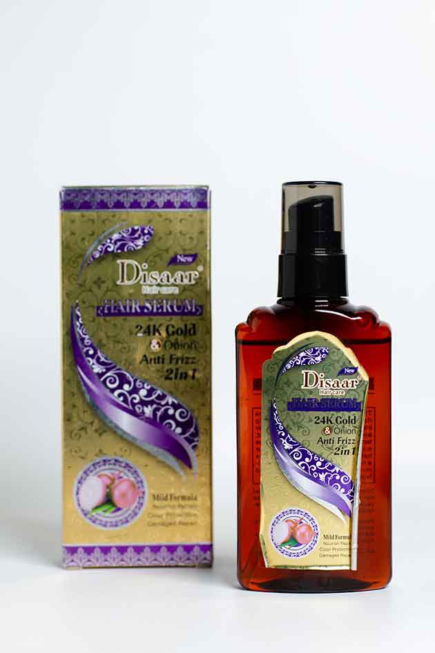 Disaar 24K Gold Onion Hair Serum Bottle with Box Stock Clearance. Disaar hair serum packaging and bottle on a white background
